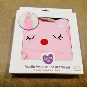 Parent's Choice Pink Muslin Swaddle and Beanie Set